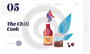 Seasoning Ingredient for Hot Food Dish Website Landing Page. Woman with Red Chili Pepper Sitting on Chilli Sauce Bottle