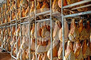 Seasoning of Italian raw ham called prosciutto crudo in a raw ham food facrory