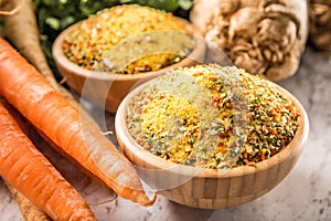 Seasoning spices condiment vegeta from dehydrated carrot parsley celery parsnips and salt with or without glutamate