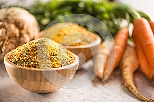 Seasoning spices condiment vegeta from dehydrated carrot parsley celery parsnips and salt with or without glutamate