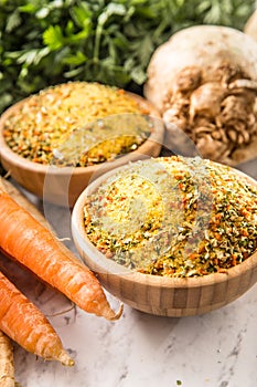 Seasoning spices condiment vegeta from dehydrated carrot parsley celery parsnips and salt with or without glutamate