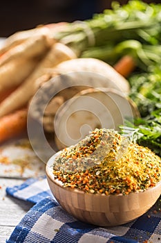 Seasoning spices condiment vegeta from dehydrated carrot parsley celery parsnips and salt with or without glutamate