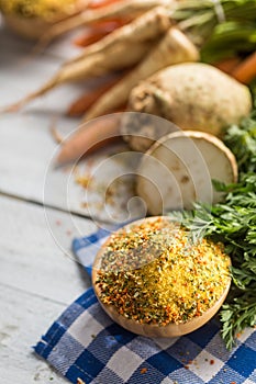 Seasoning spices condiment vegeta from dehydrated carrot parsley celery parsnips and salt with or without glutamate