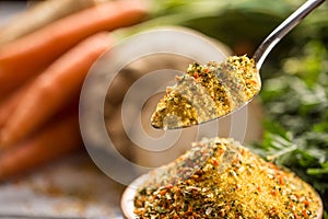 Seasoning spices condiment vegeta from dehydrated carrot parsley celery parsnips and salt with or without glutamate