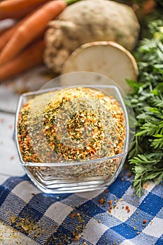 Seasoning spices condiment vegeta from dehydrated carrot parsley celery parsnips and salt with or without glutamate