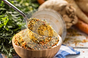 Seasoning spices condiment vegeta from dehydrated carrot parsley celery parsnips and salt with or without glutamate photo