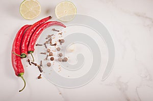 seasonings for preparation/seasonings for preparation on a white marble background. Copy space. Top view