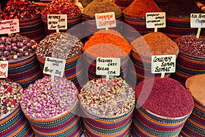 Seasonings Spices and dry teas in Istanbul`s Eastern street market photo