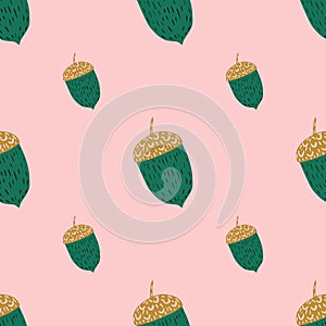 Seasonl seamless pattern with green and beige colored chestnut doodle ornament. Pink background