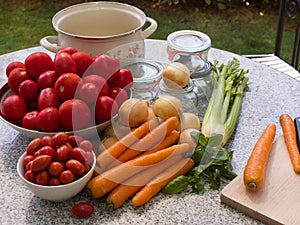 Seasonly riped vegetables with old fashion preserving jars, cooking pot.