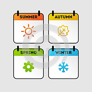 Seasons calendar color icons set. Spring, summer, autumn, winter time. Four seasons. Isolated vector illustrations