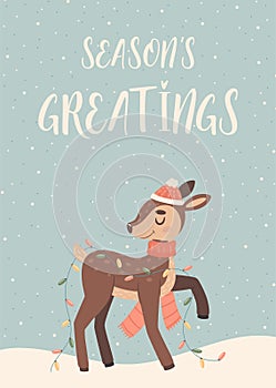 Seasons Greatings greeting card with cute cartoon deer character
