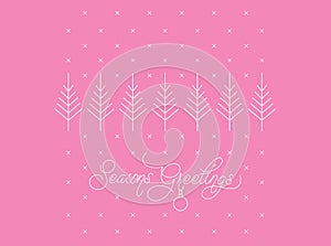 Seasons Greetings Card. Pink Background with Snowflakes and Christmas Trees. Minimalistic Vector
