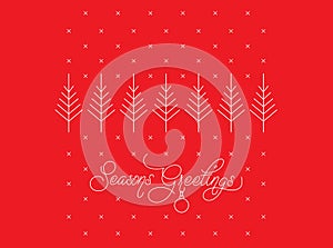 Seasons Greetings Card. Red Background with Snowflakes and Christmas Trees. Minimalistic Vector