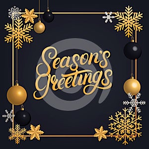 Seasons Greetings 2018 hand written lettering with golden decoration ornament.
