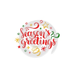 Seasons Greetings lettering on white background. Vector hand drawn Christmas illustration. Happy Holidays greeting card.