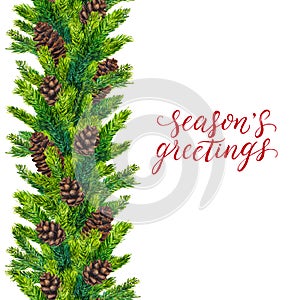 Seasons greetings text on watercolor christmas border of fir branches