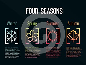 4 seasons icon sign in border gradients with Snow Winter , Flower Spring , Sun Summer and maple leaf Autumn vector design