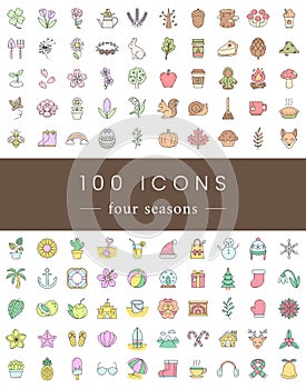100 Vector Icons Set Four Seasons Elements