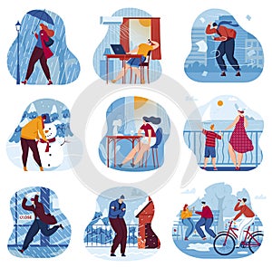 Seasons weather vector illustration set, cartoon flat weather condition collection of people in seasonal clothes