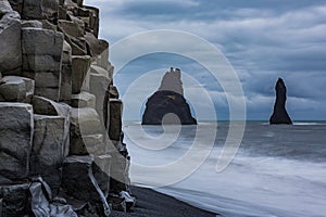 Seastacks and Volcanic Cliffs in a Storm, Southern Iceland