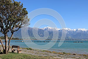 Seat on beach with ocean and mountain Kaikoura NZ