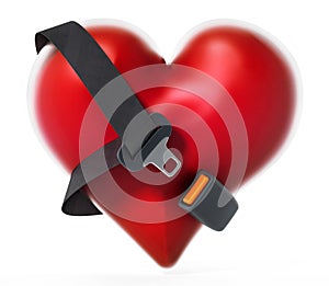 Seatbelt around the red heart. 3D illustration