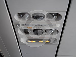 Seatbelt sign lit inside airplane