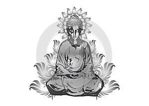 Seated Buddha in a Lotus Pose - vector art monochrome with cosmic mandala and lotus floral, isolated on white background