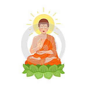 Seated Buddha over a round green mandala. Esoteric flat vector illustration. Icon. Indian, Buddhism, Spiritual Art. Thai god, yoga