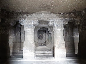 Seated Buddha in teaching pose Dharmchakra mudra, inner sanctum of Aurangabad Cave 3, Western Group, Maharashtra, India