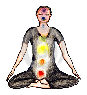 Seated in lotus position with chakras