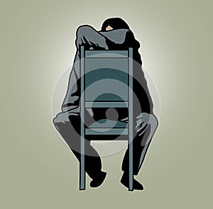 Seated man covering his face with the back of a chair. Social exclusion, invisible, homeless. Indifference. Phobias and fears