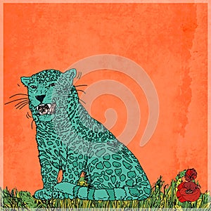 seated panther, with colors and pop art background orange