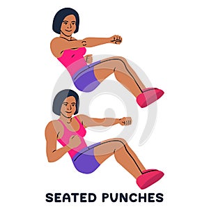 Seated punches. Sport exersice. Silhouettes of woman doing exercise. Workout, training