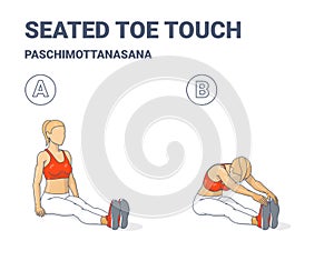 Seated Toe Touch. Forward Bend Woman Exercise. Paschimottanasana Girl Yoga Pose.