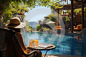 Seated in a tropical cafe, woman enjoys serene poolside ambiance