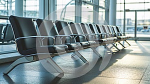 seater bench situating in airport, Empty metallic chairs in airport. Waiting room furniture photo. Airport departure or