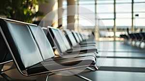 seater bench situating in airport, Empty metallic chairs in airport. Waiting room furniture photo. Airport departure or