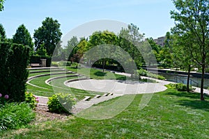 Seating Area along the Naperville Riverwalk in Downtown Naperville