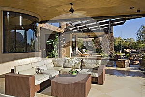 Seating furniture in luxurious patio of manor house