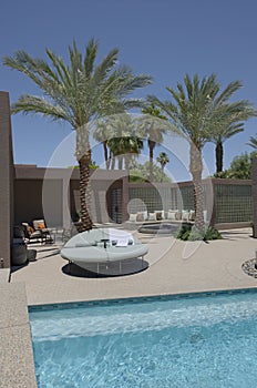 Seating With Palm Trees On Poolside Of Home