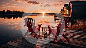 Seating with Sunrise: Wooden Chairs Frame the Morning on the Dock