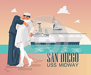 Uss Midway Poster with ship and kissing statues photo