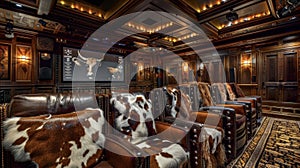 The seats are adorned with cowhide and fringe providing a unique and rustic touch to the elegant theater.