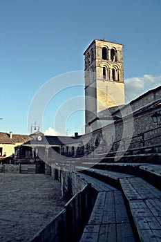 Seats of the bull ring in the main square of Pedraza, Segovia, Spain.