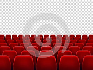 Seats at empty movie hall or seat chair for film screening room. Isolated red armchairs for cinema, theater or opera