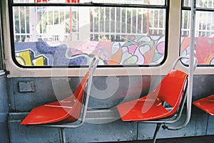 Seats inside the passenger tramway ÄŒKD KT4