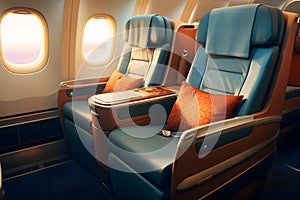 Seats with open windows in an airplane cabin. AI Generated