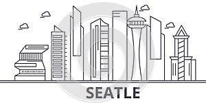 Seattle architecture line skyline illustration. Linear vector cityscape with famous landmarks, city sights, design icons